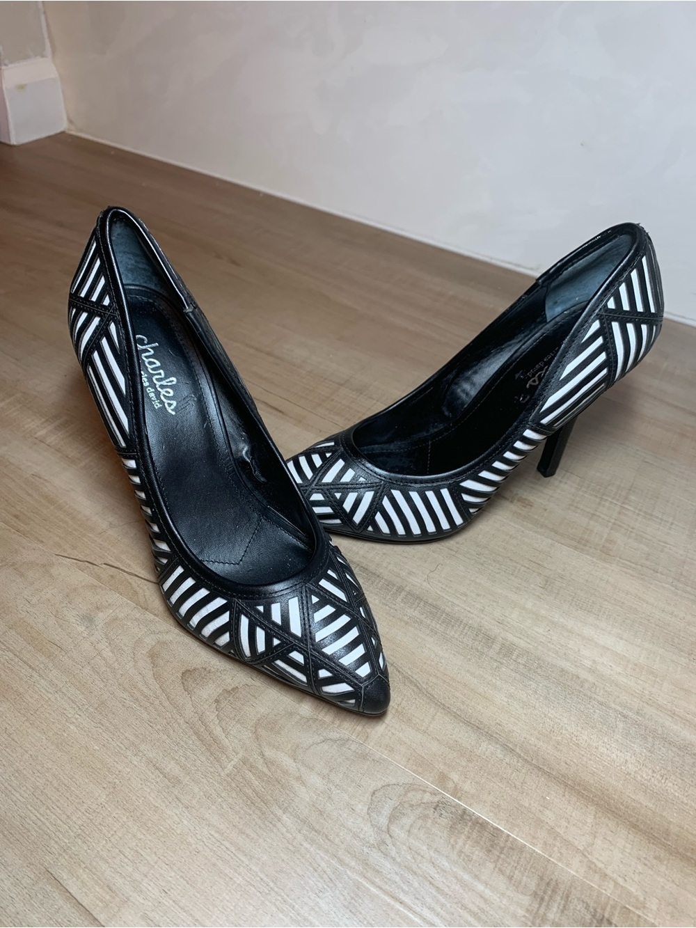 Charles by Charles David Black & White Striped Pointed-Toe Pumps